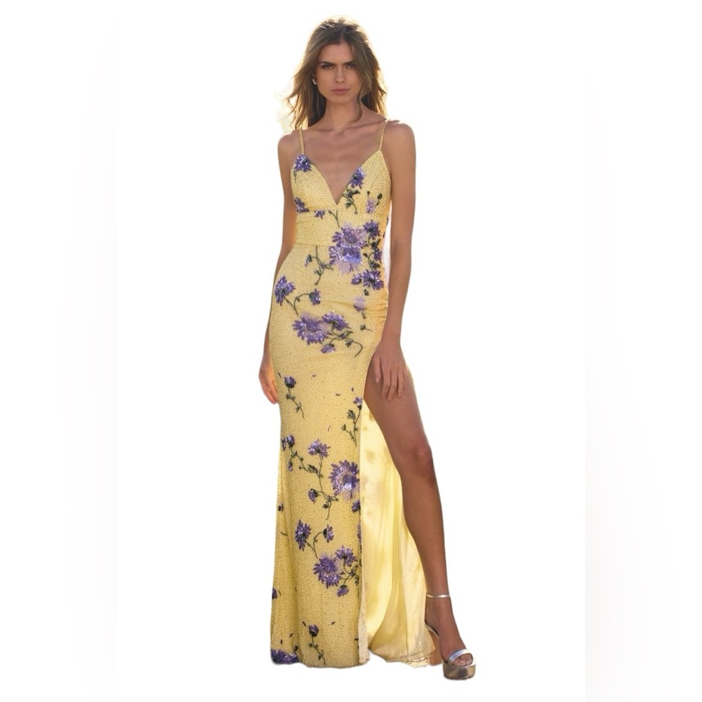 Sherri Hill Beaded Floral Gala Gown Prom Pageant Dress Yellow Purple Sz 4 #56323